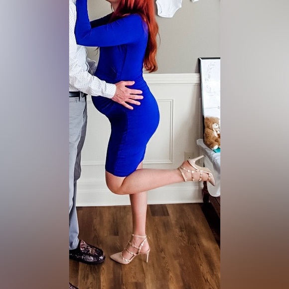 A Pea In the Pod Long Sleeve Maternity Dress Royal Blue SZ Med MIDI baby shower - Picture 2 of 8